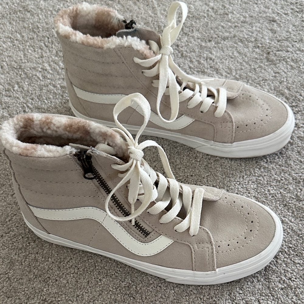 Vans Sk8-Hi Zip Suede High-Top Sneakers in Beige and White